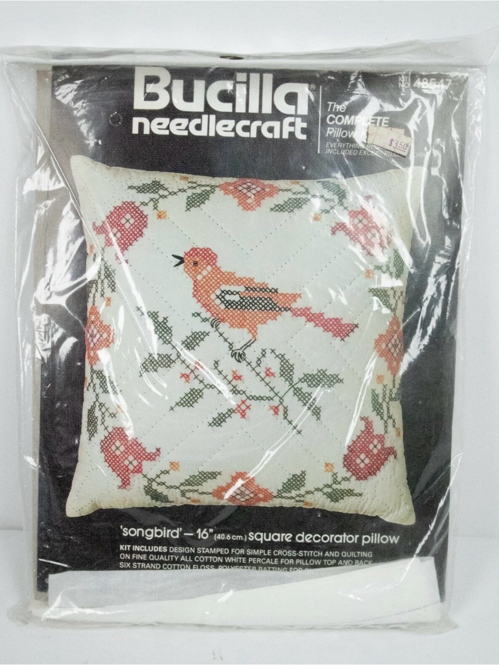 Bucilla Pillow Case Kit with Pink Green Songbird Floral Cross Stitch Farmhouse